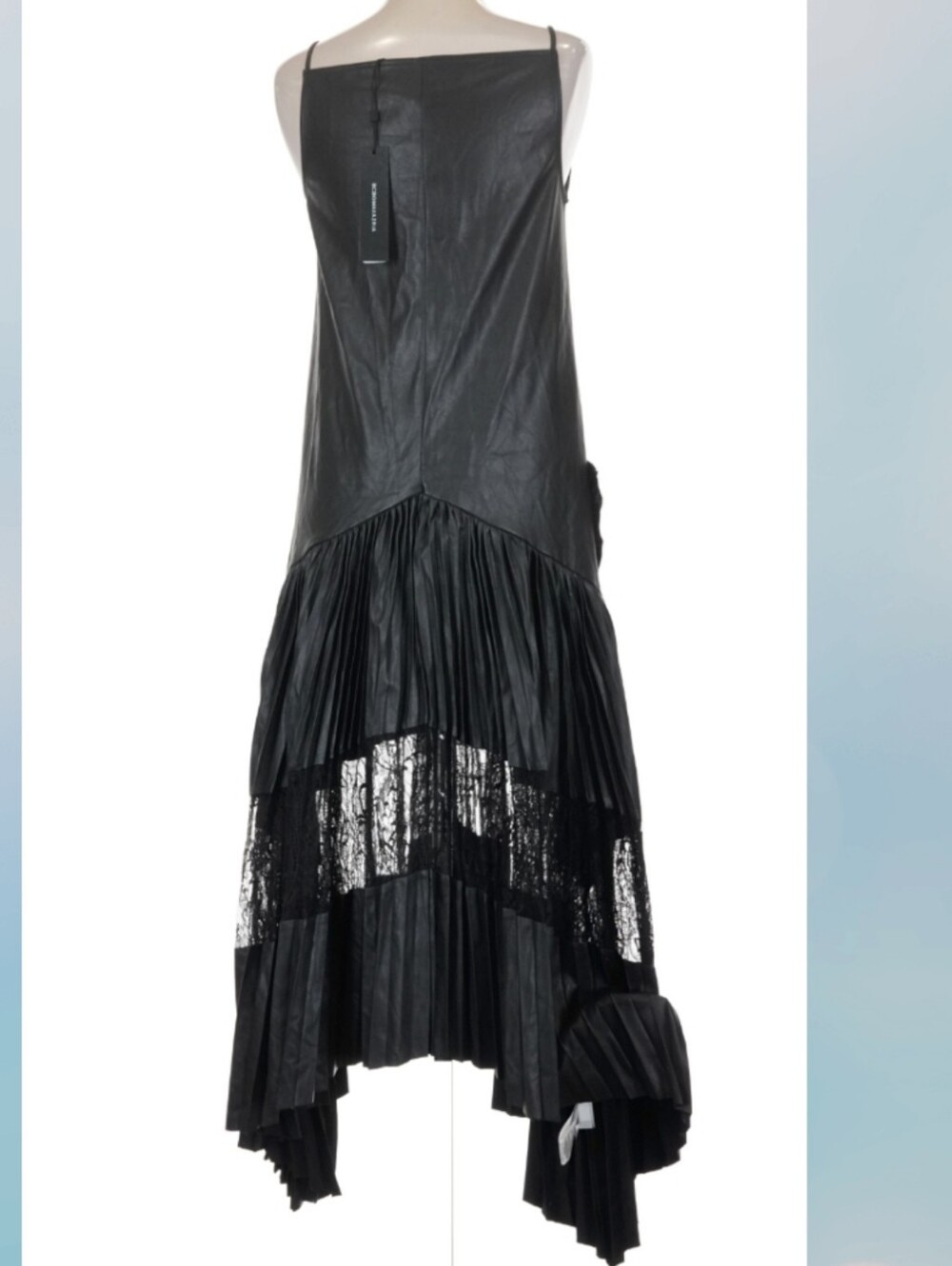 New With Tag BCBGMAXAZRIA FAUX LEATHER LACE INSET PLEATED ASYMMETRIC I DRESS - Picture 5 of 7
